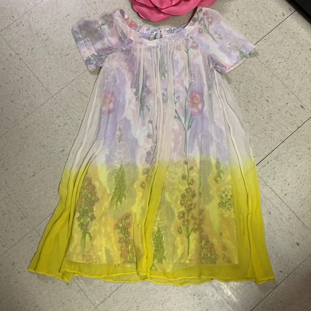 HD IN PARIS Anthropologie Women's Sz 0 Dipped Chroma Swing Dress Purple Yellow - Picture 1 of 10